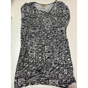 Miss Tina Dress Sz 2X Faux Wrap Black Geometric Ruched Stretch KneeLength Office